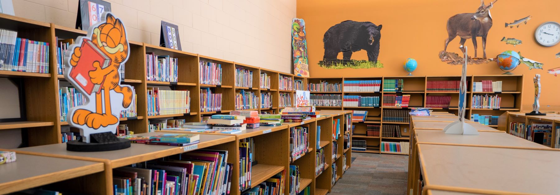 A library with books on the shelves and animals on the walls, creating a whimsical and educational atmosphere.