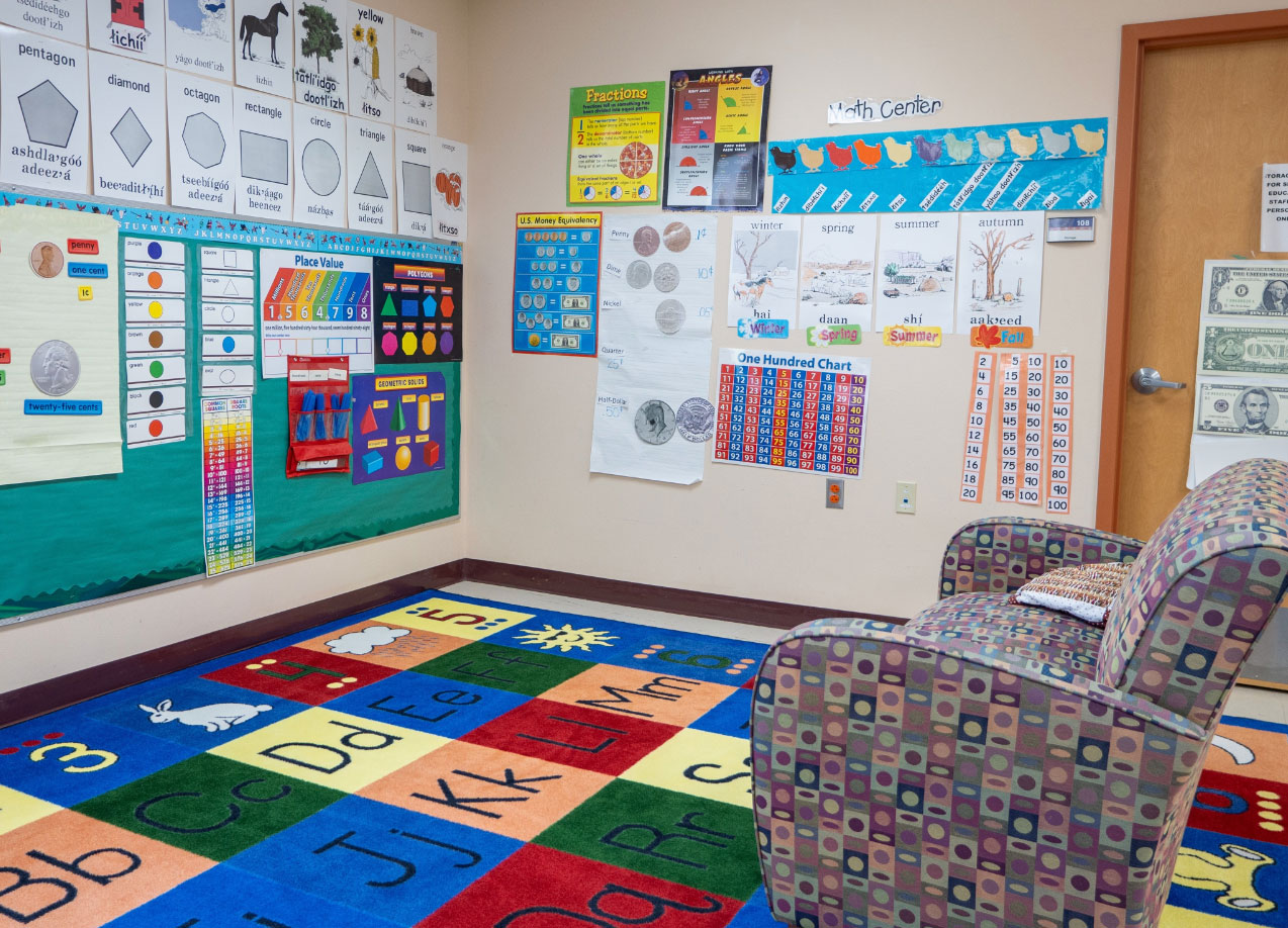 Classroom with student art work on the wall. 